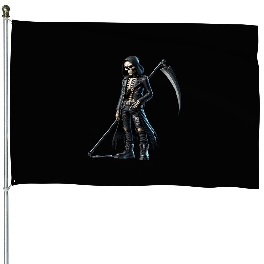 Dark Skeleton Warrior with Scythe and Hooded Jacke House Flags