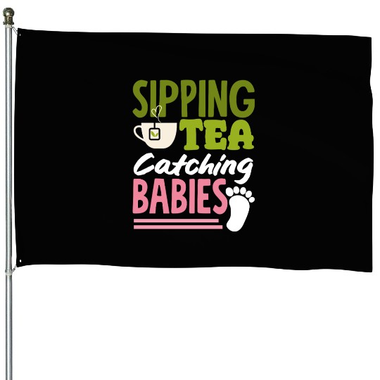 Midwife Sipping Tea Catching Babies House Flags