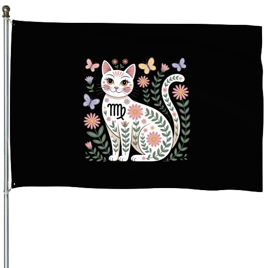 Virgo Zodiac Cat with Daisies House Flags