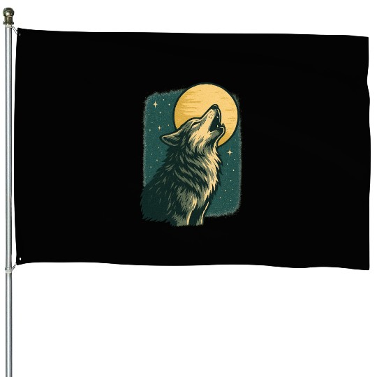 Lone wolf howl at the moon House Flags