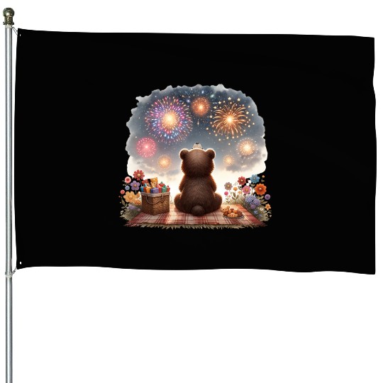 Fireworks Picnic Bear – Night Sky Celebration View House Flags