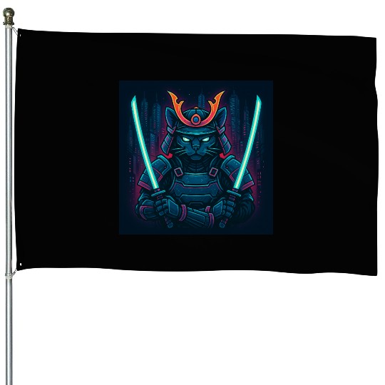 A futuristic samurai cat in neon armor with glo House Flags