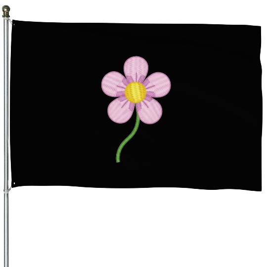 Cute Pink Embroidered Flower Illustration House Flags