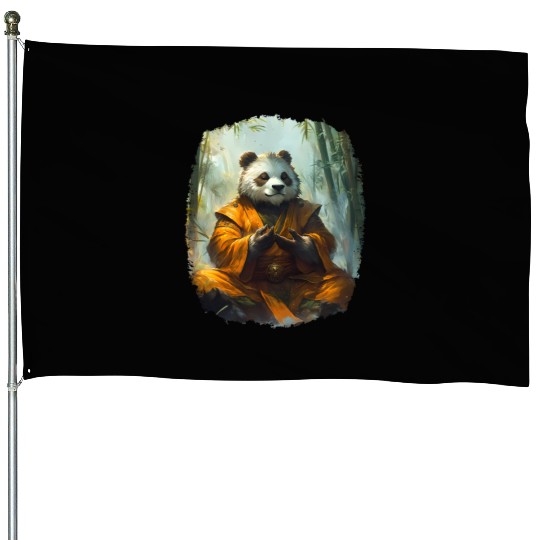 Meditating Panda In The Zen Bamboo Forest House Flags