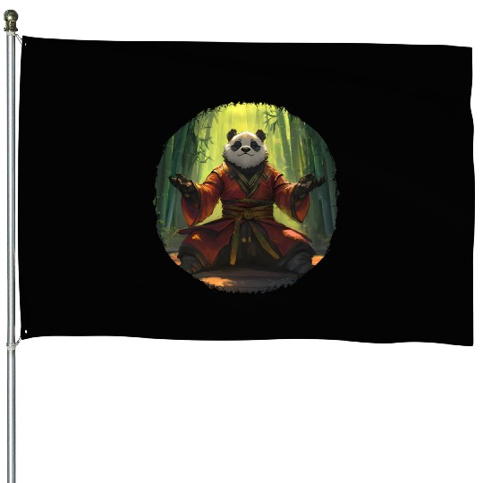 Meditating Panda In Bamboo Forest With Zen Energy House Flags