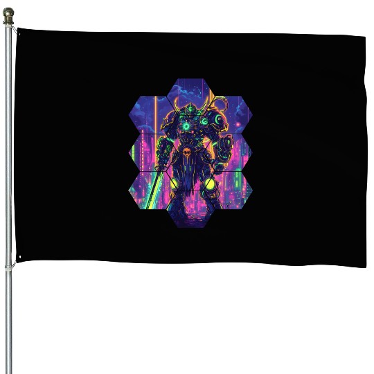Bright Sci Fi Warrior In Neon Colors House Flags