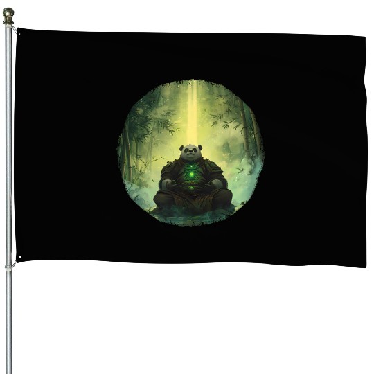 Meditating Panda Monk in a Glowing Bamboo Grove House Flags