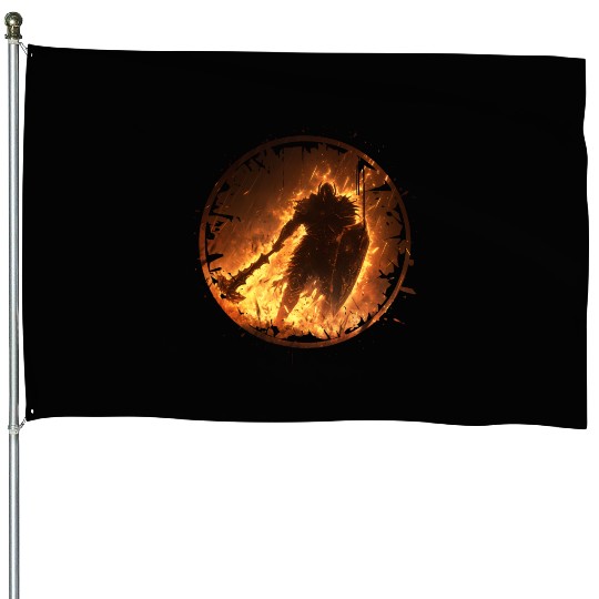 Fire Armored Warrior with Burning Shield and Axe House Flags