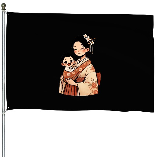Elegant Asian Woman in Kimono Holding Baby House Flags
