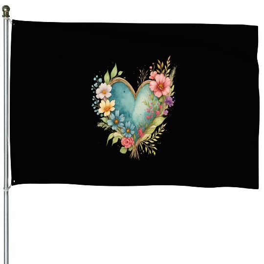 Watercolor Floral Heart Graphic | Romantic Botanic House Flags