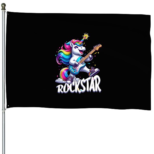 Rockstar Unicorn Playing Rainbow Guitar House Flags