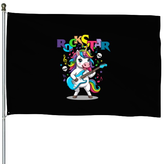 Rockstar Unicorn Playing Rainbow Guitar House Flags
