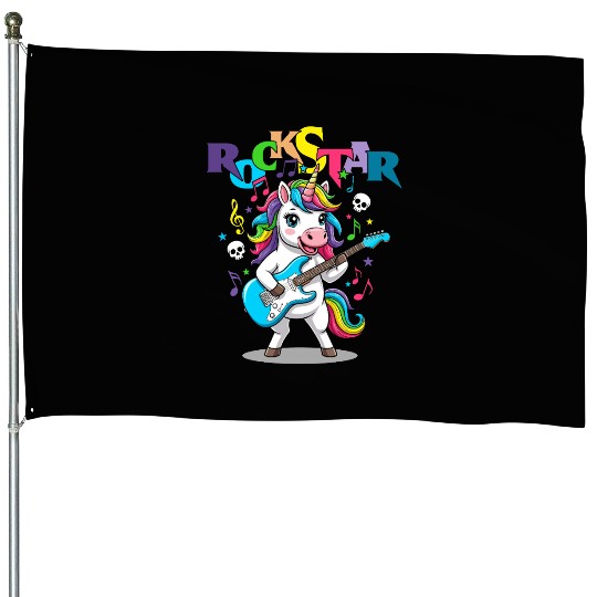 Rockstar Unicorn Playing Rainbow Guitar House Flags