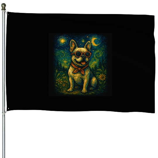 Starry Night Dog Funny Art Style Retro Glasses Pet House Flags