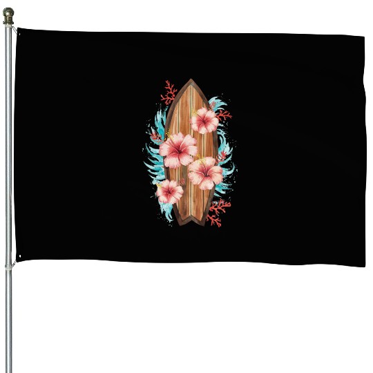 Hawaiian Surfer Surfing Beach Surfboard Hibiscus House Flags