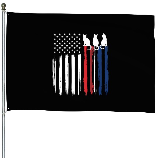 Patriotic Cat Lover - American Flag with Cat Silho House Flags