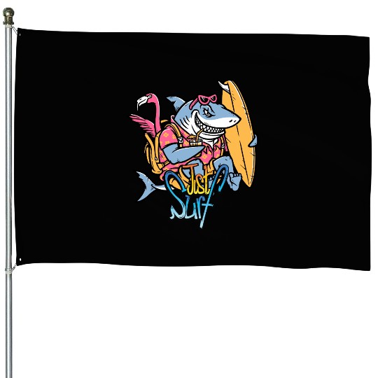 Just Surf – Cool Shark with Surfboard & Flamingo House Flags