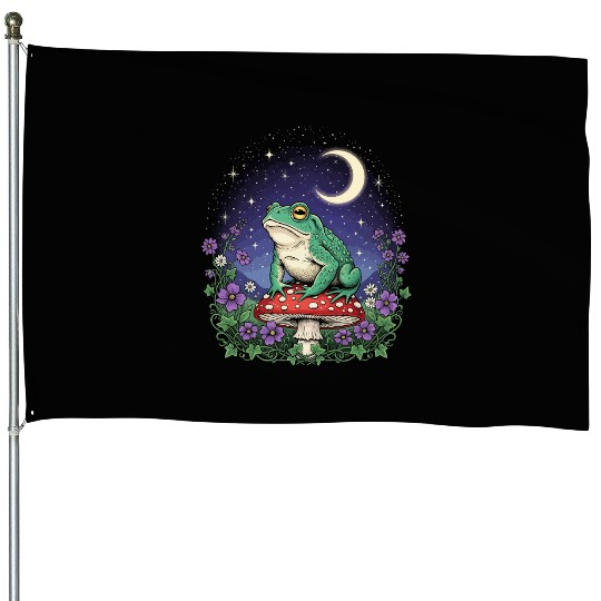Green Frog on Red Mushroom - Starry Night House Flags