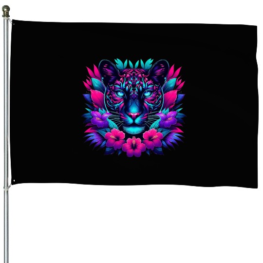 Neon Panther Totem – Jungle Bloom of Feline Power House Flags