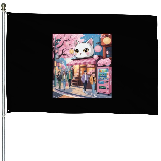 Tokyo Sakura Stroll – Cute Girl Under Cherry Bloss House Flags