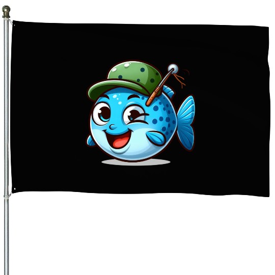 Happy Fishing Buddy - Cute Cartoon Fish with Hat House Flags