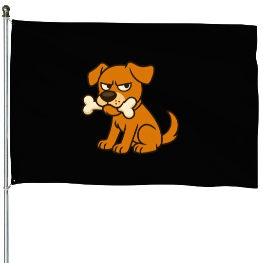 Grumpy Dog with Bone – Cute Cartoon Style House Flags
