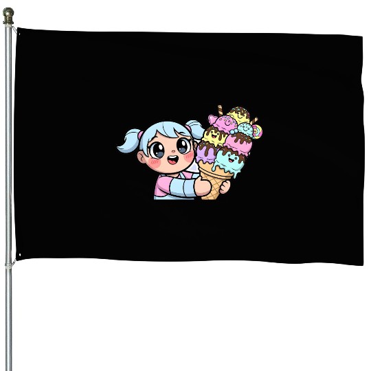 Sweet Dreams - Cute Girl Holding Giant Ice Cream House Flags