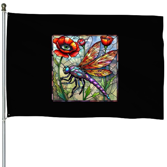 Dragonfly stained glass poppy flower insect eye House Flags