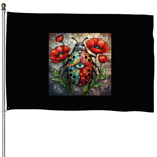 Ladybug stained glass vibrant poppy flower insect House Flags