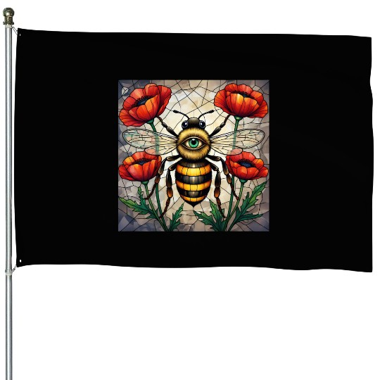 Bumble bee stained glass vibrant poppy flower eye House Flags