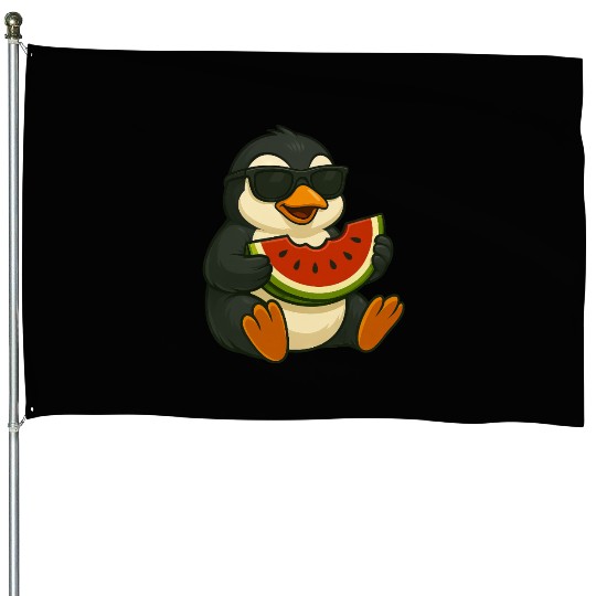 Cute penguin with watermelon fruit summer cartoon House Flags