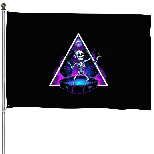 Neon Dancing Skeleton in Coffin House Flags