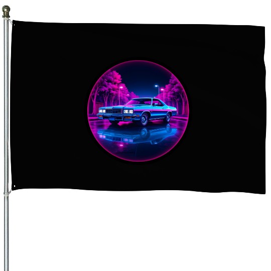Retro Neon Car 80s Aesthetic Night Design House Flags