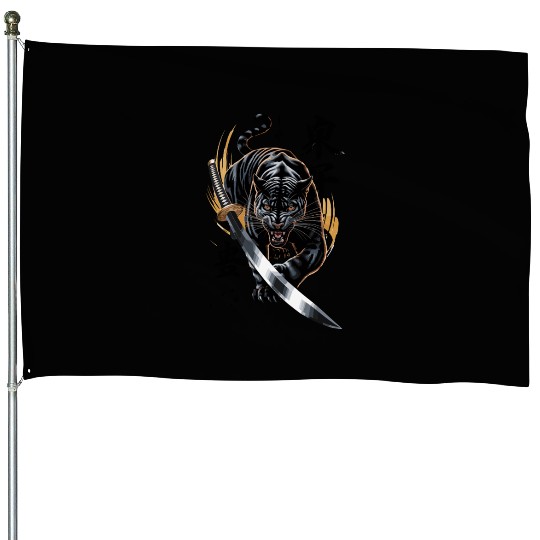 Fierce Black Panther With Samurai Sword House Flags