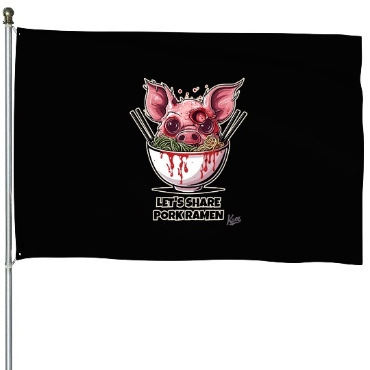 Zombie Pig in Ramen Bowl Horror Food Art House Flags
