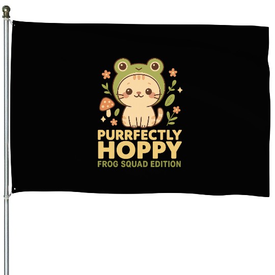 Cute Frog and Cat Purrfectly Hoppy Design House Flags