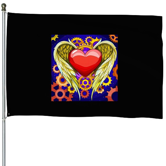 Mechanical Heart with Angel Wings House Flags