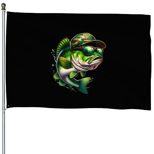 Camo Hat Bass Fish with Green Sunglasses House Flags