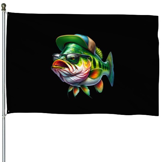 Cool Bass Fish with Green Hat and Glasses House Flags