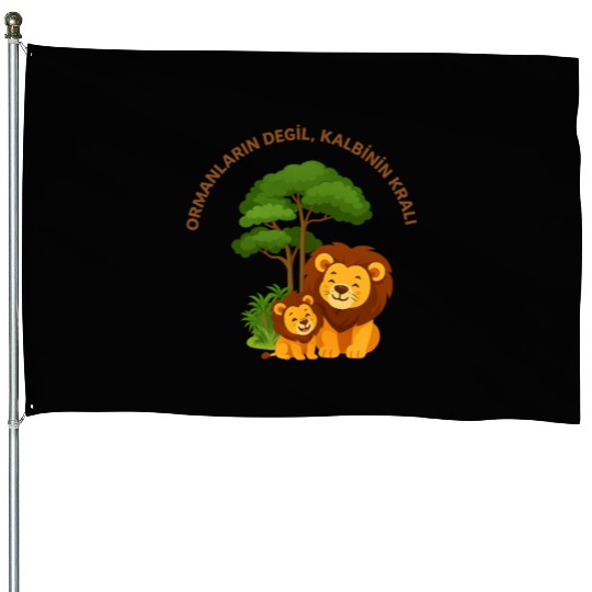 Joyful Lion and Cub Under Green Tree House Flags