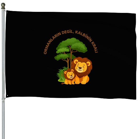 Joyful Lion and Cub Under Green Tree House Flags