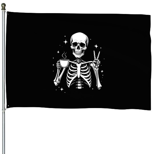 Skeleton Peace Sign Drinking Coffee Fun Halloween House Flags