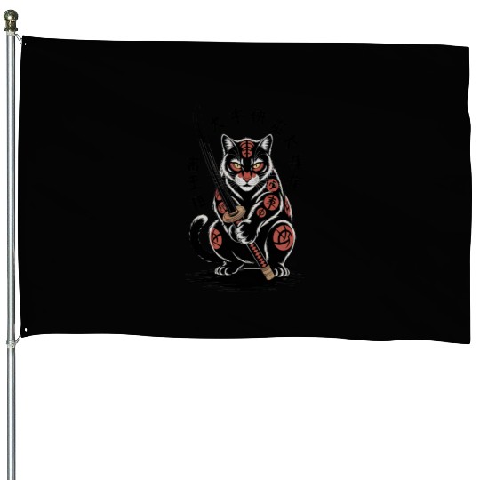 Mythical Japanese Warrior Cat Design House Flags