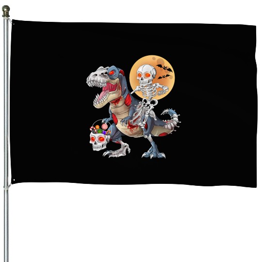 Skeleton Riding Zombie Dinosaur T rex Halloween House Flags