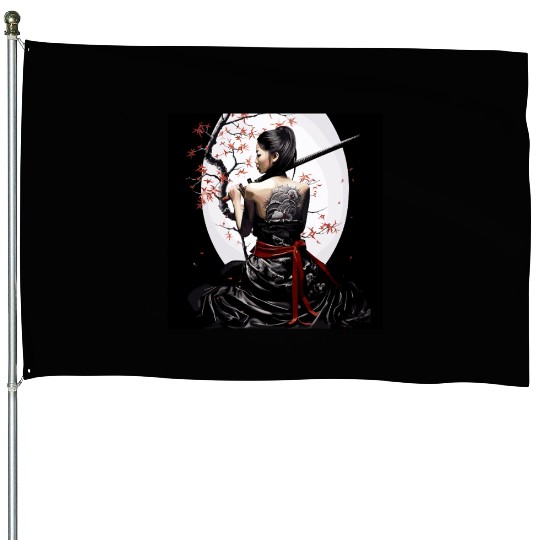 Samurai Serenity: Woman with Sword Under Cherry House Flags