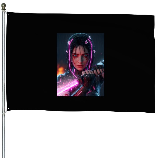 Cyberpunk Samurai Girl House Flags