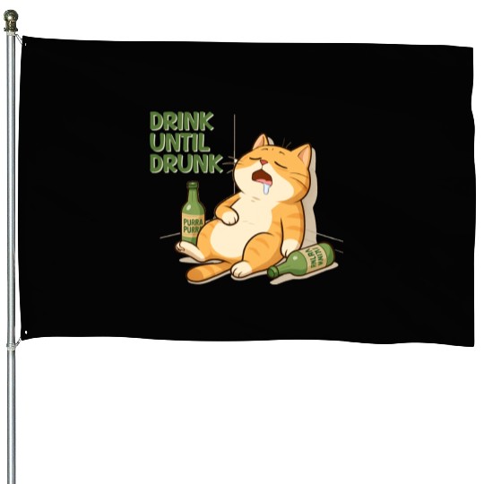 Humorous Cat Drinking Alcohol Meme Design House Flags