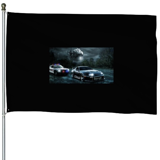 Night Chase with Speeding Sports Car House Flags
