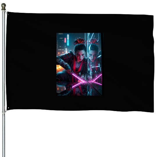 Cyberpunk Samurai Girl House Flags