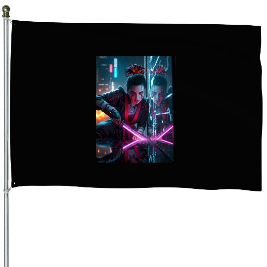 Cyberpunk Samurai Girl House Flags